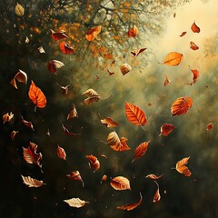 Wall Mural - Falling autumn leaves drifting gently in a brisk breeze