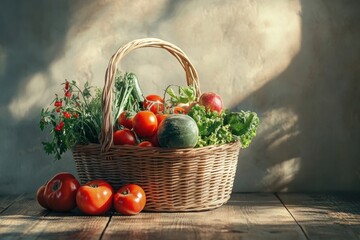 Aufkleber - A wicker basket brimming with fresh vegetables and colorful fruits rests on a wooden table, illuminated by soft light. Generative AI