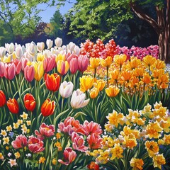 Wall Mural - Springtime garden bursting with colorful tulips and daffodils