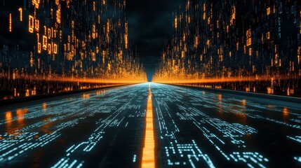 Wall Mural - sreaming data, binary data moving on a digital road - digital code road concept - 3d illustration\