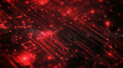 Aufkleber - Isometric circuit background in red. Technology circuit board background. Ai chip, electronics elements, and connected dots. Data tech bg. Abstract vector illustration. Futuristic computer design