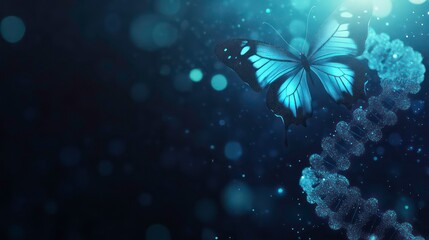 Aufkleber - Science technology banner cover with a close-up of a genome and a translucent butterfly on an abstract blue background. Background