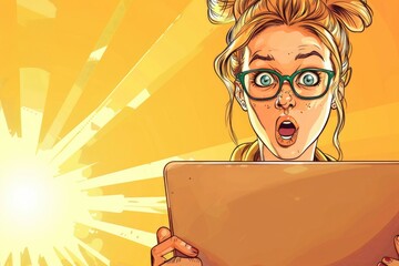 Poster - a woman wearing glasses is sitting and working on her laptop, providing an image of technology and p
