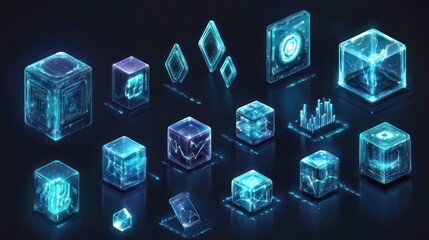 Poster - A collection of transparent, glowing geometric shapes representing data and technology.