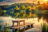 Fototapeta Pomosty - Vintage Style Photography of a Tranquil Lake Scene Featuring a Rustic Bench and Table on a Pontoon, Ideal for Evoking Serene Outdoor Moments in Nature