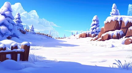 Serene Winter Landscape with Snowy Icebergs and Pines White Background