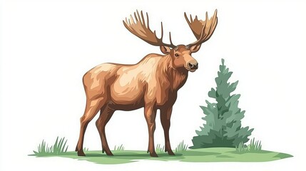  Moose with Large Antlers and Fur Texture Illustration White Background