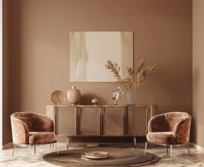 Minimalist living room interior design with two chairs. a coffee table. and a sideboard The room has a large window. a brown wall. and a rug on the floor