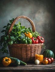 Aufkleber - A beautifully arranged wicker basket filled with vibrant vegetables and fruits is displayed on a rustic wooden table in a warm kitchen. Generative AI