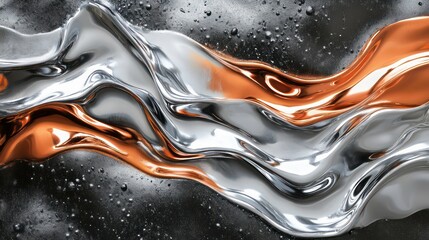 Aufkleber - Silver and orange chrome metal fluid, waves, background