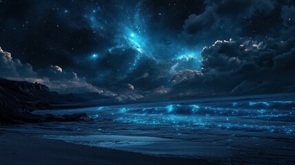 Wall Mural - mesmerizing night beach with starry sky and bioluminescent waves capturing tranquil serenity and nat