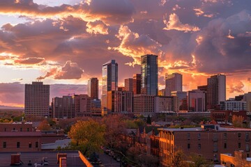 Sticker - A city skyline at sunset with buildings and skyscrapers lit up against the orange and pink sky