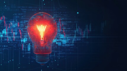 Vector illustration 3D low poly stock market candlestick inside a digital light bulb. Economics or finance Innovation concept. Stock market graph chart and lamp. Technological Vector illustration.