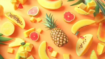 Aufkleber - Slices of tropical fruits such as pineapples, mangoes, and papayas scatter across a vibrant background, creating a lively display. Generative AI