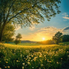 Wall Mural - Sunset over a lush, green spring meadow 