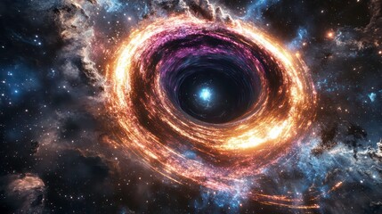 Poster - A stunning depiction of a swirling black hole in a cosmic landscape.