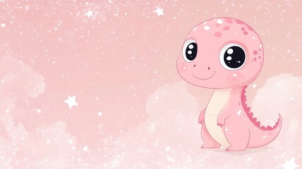 Cute pink baby dinosaur with big eyes on starry background