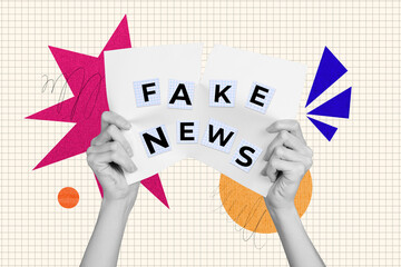 Poster - Creative collage picture fake news propaganda falsification placard showing demonstration tear down paper sheet drawing background