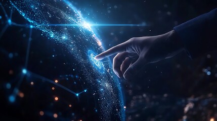 Hand touching a digital Earth hologram with a globe