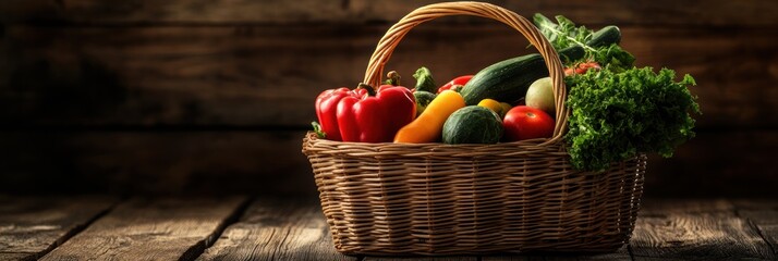 Aufkleber - A wicker basket filled with vibrant, fresh vegetables and fruits rests on a rustic wooden table, adding warmth to the kitchen. Generative AI