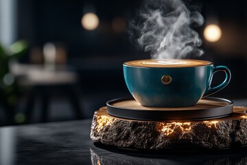 Wall Mural - 3D-rendered cup of coffee with realistic steam rising, each wisp perfectly formed in a digital space, capturing warmth in a modern, digital style