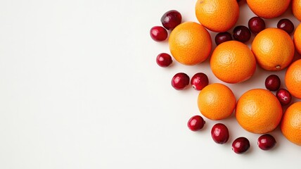 Fresh oranges and cranberries on white background