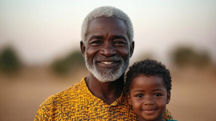 Close up portrait of a smiling elderly man and young child surrounded by a diverse group of people demonstrating the joy and connection of relationships and inclusive community