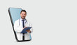 © New Africa - Online medical consultation. Doctor with clipboard on smartphone screen against light grey background. Banner design with space for text