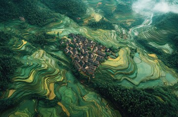 Aerial view of the picturesque landscape of Guilin, Guangxi with its unique karst mountains and rice fields.