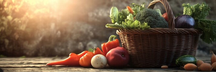 Aufkleber - A wicker basket filled with vibrant, fresh vegetables and fruits rests on a rustic wooden table bathed in warm afternoon sunlight. Generative AI
