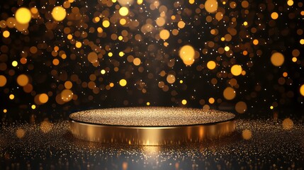 Poster - Stage gold award podium. 3D pedestal platform with glitter light black background for golden product ceremony. Lighting effect with bokeh, a modern mockup on a white background