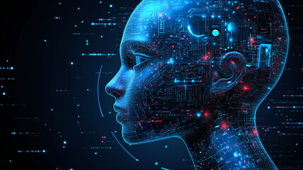 Fototapete - A digital rendering of a human head, constructed from intricate circuitry. The blue and red hues evoke a sense of technological advancement.