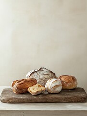 Poster - A variety of freshly baked bread and pastries is beautifully arranged on a rustic wooden board, showcasing their artisanal quality. Generative AI