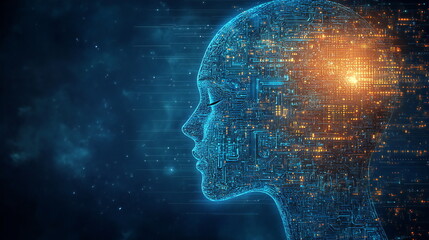 Fototapete - A digital rendering of a human head made of computer code and circuitry. The head is in profile view with a bright light emanating from the inside of its head.