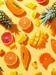 Aufkleber - Colorful tropical fruits including pineapples, mangoes, and papayas are artistically arranged on a vivid yellow background. Generative AI