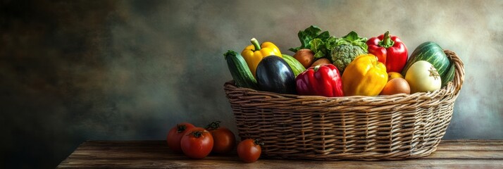 Aufkleber - A wicker basket is filled with an assortment of colorful vegetables and fruits on a rustic wooden table in a warm, inviting kitchen atmosphere. Generative AI