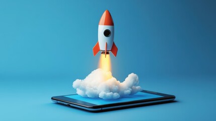 Wall Mural - rocket takes off with clouds from a smartphone on a blue background, a creative idea. faster mobile 