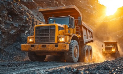 Aufkleber - Two large dump trucks navigate a quarry filled with gravel and dirt while the sun sets in the background, creating a dramatic industrial scene.