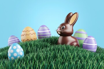 Easter eggs and chocolate bunny on grass, easter and celebration concept.