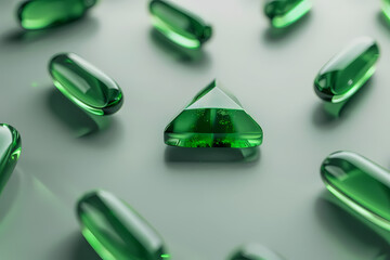 A collection of green capsules and a triangular gel, symbolizing health and wellness on a reflective surface.