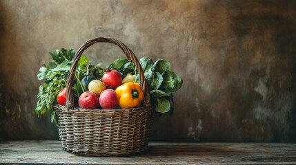 Poster - A wicker basket brimming with colorful fruits and vegetables rests on a rustic wooden table in an inviting kitchen atmosphere. Generative AI