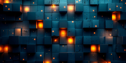 Wall Mural - Modern trendy cyberpunk colorful hi-tech geometric abstract background. Cube blocks, light. 3D, blue header social media post graphic element, banner, print, texture wallpaper. Generative Ai content