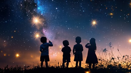 silhouette of back view children which looking on the christmas beautiful night sky full of stars