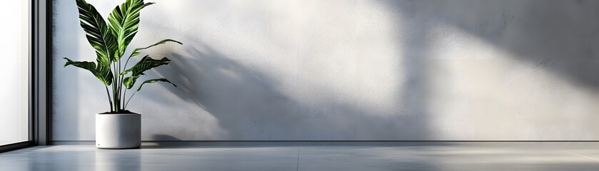 Wall Mural - A Single Plant in a White Pot Against a White Wall with a Window in the Background