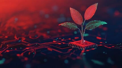 Aufkleber - Sprouting Plant and AI chip in red Artificial Intelligence evolution concept. Abstract digital technology background. Data digital tree and circuit board. Low poly wireframe Vector illustration.