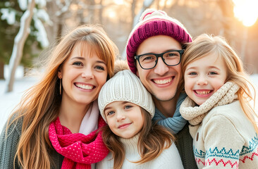 soft color, a beautiful cheerful family sun illuminating its face, winter background