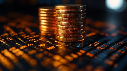 Poster - A close-up view of multiple stacks of coins against a dark surface illuminated by vibrant, glowing financial data, reflecting investment growth and strategies in wealth management.