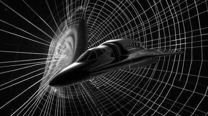 Aufkleber - a spaceship is depicted traveling through a swirling digital vortex, illuminated by a scanning wave 