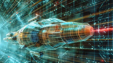 Poster - a futuristic spaceship navigates a colorful digital environment, showcasing advanced technology and 