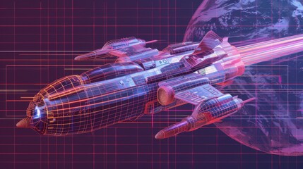 Poster - a sleek spaceship glides through the cosmos, accompanied by vibrant digital scans, illustrating adva
